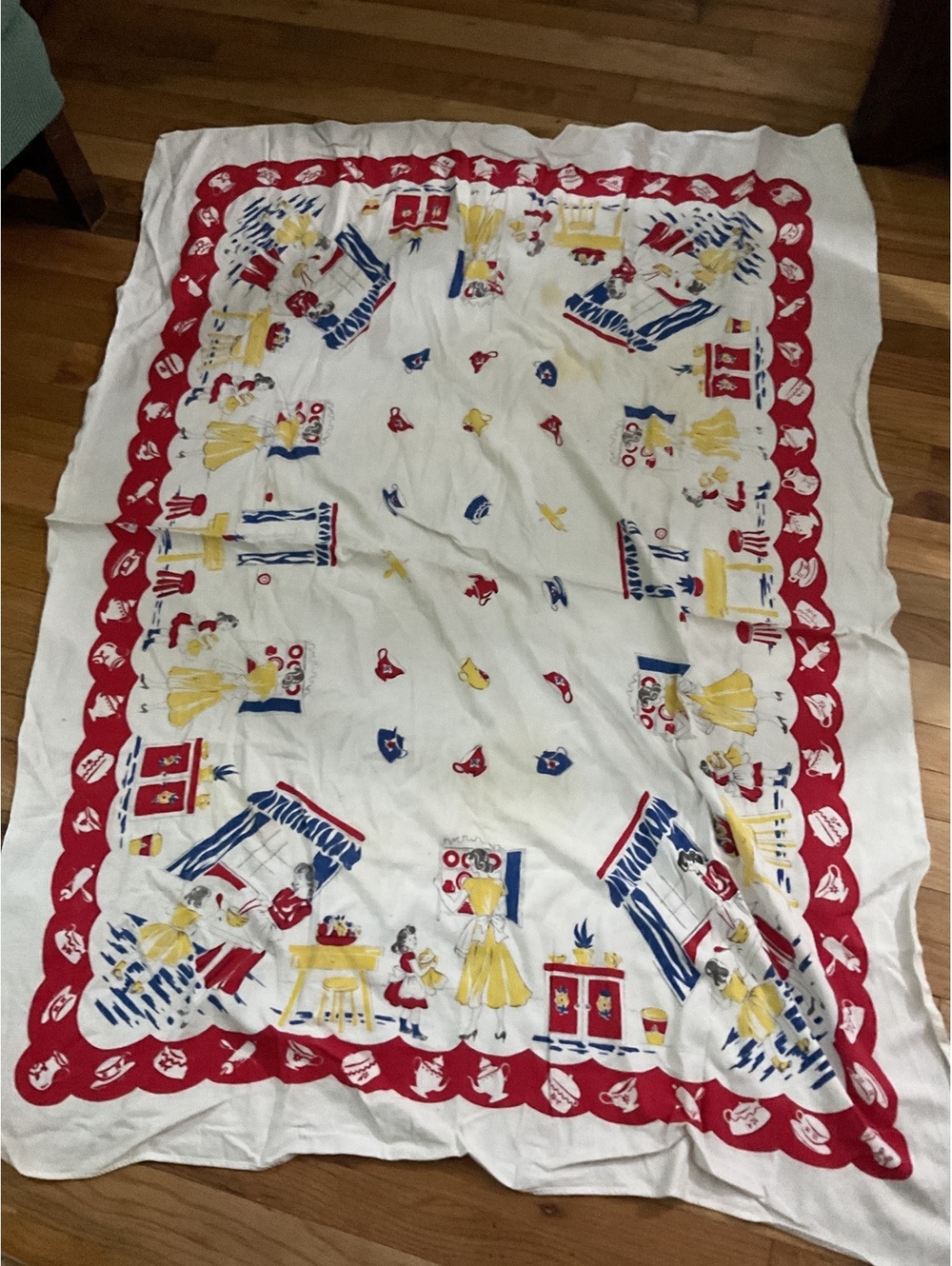 Vintage Kitchen Theme Tablecloth with Red Border and Yellow, Blue Accents